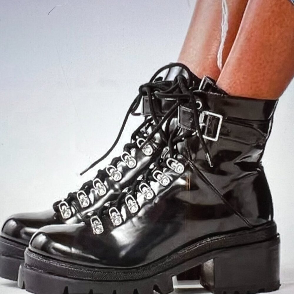 Jeffrey Campbell Czech Black Combat Platform Lug Sole Laced Ankle Boots Size 8.5